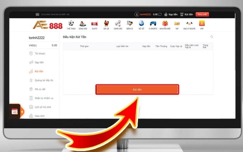 Chuyển tiền từ sảnh chơi về ví chính trước khi rút tiền AE888