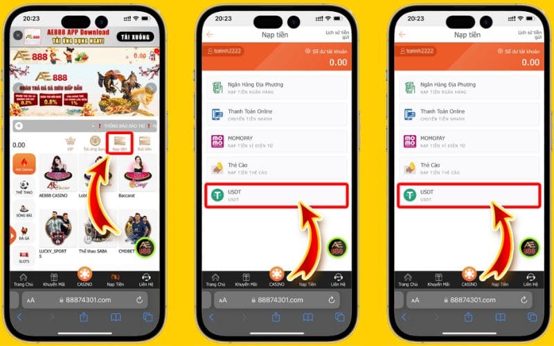 Nạp tiền vào tài khoản AE888 bằng USDT