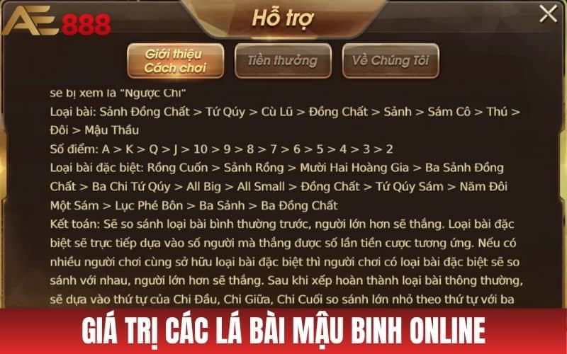 Giá trị các lá bài mậu binh online tính bằng điểm trên lá bài